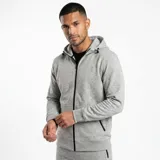 Campera deportiva gris melange con capucha, cierre frontal y bolsillos laterales con cierre. Presenta detalles en negro en los cierres y logo bordado en el pecho.