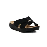 Sandalias negras con plataforma, tiras cruzadas y aplique dorado.