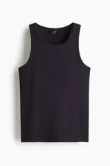 Musculosa H&M de corte ajustado y tejido acanalado de peso medio, color negro, con cuello redondo y diseño sin mangas.