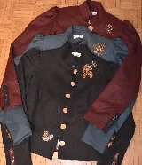 Chaqueta corta azul marino de terciopelo con cuello mao, botones dorados y bordado floral en el frente.