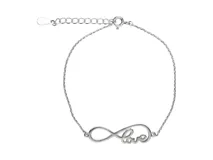 Pulsera de plata 925 con dije central infinito y la palabra 'love' calada.