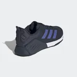 Championes de training Adidas Dropset 3, color azul oscuro con tres franjas laterales en color violeta. Presentan una mediasuela de doble densidad blanca y refuerzos laterales de TPU en color azul oscuro.