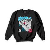 Buzo negro de cuello redondo con estampa frontal inspirada en el personaje Vegeta de Dragon Ball Z, incluyendo texto en japonés y detalles gráficos en tonos azules y rojos.