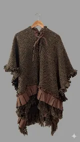 Ruana de tejido de punto con textura, color marrón, con diseño amplio y fluido. Presenta volados aplicados en el cuello, mangas y ruedo, lazo frontal regulable y terminaciones con flecos largos.