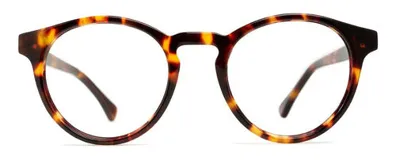 Armazón de acetato color carey con forma circular y puente detallado. Patillas delgadas con núcleo de metal plateado y diseño antideslizante.