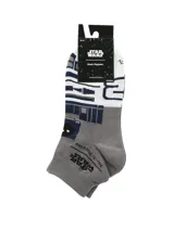 Medias cortas grises, blancas y azules con diseño inspirado en R2-D2 de Star Wars, con el logotipo de la marca y de la saga impresos en la parte superior.