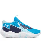 Championes de básquet Under Armour modelo UA Jet 23, confeccionados en materiales mixtos. Diseño en tonos azul, celeste y azul marino, con entresuela blanca y suela de goma con patrón de tracción.