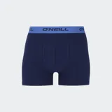 Calzoncillos tipo bóxer de la marca O'Neill, color azul marino con estampado de logotipos y gráficos en color blanco. Presenta una cintura elástica ancha en color gris con el nombre de la marca en azul.