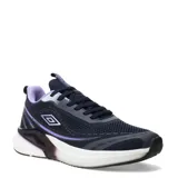 Championes deportivos Umbro modelo Vex, color azul marino con detalles en violeta y blanco. Presentan una capellada de malla transpirable, cierre con cordones y una entresuela blanca con refuerzo estructural oscuro en el talón.