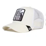 Gorra trucker Goorin Bros color beige con malla blanca y cierre snapback, con parche bordado frontal de un tigre blanco y la palabra "Tiger".