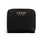 Billetera compacta Guess modelo Laurel, color negro con textura saffiano. Presenta cierre perimetral con tirador metálico y logo de la marca en letras doradas en el frente.