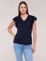 Blusa de broderie color azul marino con escote en V y mangas cortas con volados.