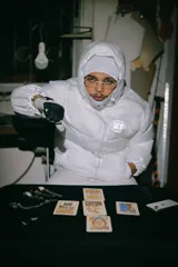 Campera puffer blanca con capucha y logo reflectivo en el pecho.