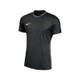 Remera deportiva Nike Dri-Fit Park26 de color negro, con cuello redondo y detalle de línea blanca en el borde. Presenta el logo de la marca bordado en blanco en el pecho y líneas laterales blancas.
