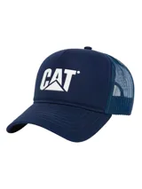 Gorro tipo trucker azul marino con panel frontal estructurado y visera curva. Cuenta con red respirable en la parte trasera y el logo de Caterpillar en relieve en el frente.