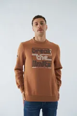 Buzo marrón de felpa con cuello redondo, mangas largas y puños. Estampado frontal con la frase "break the limits" y logo de la marca Mistral.