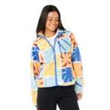 Campera de polar con cierre frontal, cuello alto y bolsillo en el pecho. Presenta un diseño estampado de bloques con motivos botánicos en tonos pasteles y vibrantes.