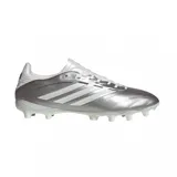 Championes de fútbol Adidas Copa Pure IV League FG/MG, color plateado metalizado con las icónicas tres tiras de la marca en blanco en los laterales.
