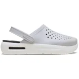 Zuecos Crocs modelo InMotion LiteRide Clog, de color gris en la parte superior perforada con tira trasera pivotante y suela gruesa de plataforma en color blanco con detalles negros.