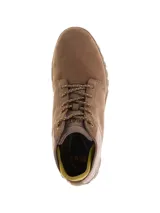 Bota de caña media Caterpillar modelo Science Mid, confeccionada en cuero nubuck marrón, con cordones bicolor, suela dentada y detalle del logo de la marca en el lateral.