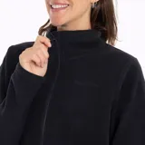 Campera polar negra con cierre frontal completo, cuello alto y bolsillos laterales con cierre.