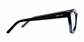 Lentes blueblocker de armazón negro brillante con diseño cat-eye cuadrado, ideales para proteger la vista de pantallas digitales.