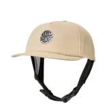 Gorro de surf Rip Curl con visera rígida, protector de cuello integrado y correa ajustable con hebilla. Presenta logo circular estampado en el frente y paneles laterales de malla para mayor ventilación.
