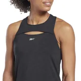Musculosa deportiva Reebok ActivChill negra con corte en forma de cerradura en el pecho y logo de la marca en blanco.
