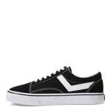 Championes urbanos Pony de corte bajo, color negro con detalles en blanco. Presentan el logo característico de la marca en el lateral, cordones blancos y suela de goma blanca con franja negra.