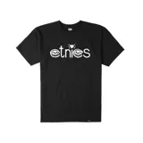 Remera negra de manga corta con el logo de la marca Etinies estampado en blanco en el pecho.