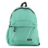 Mochila escolar de color verde menta, con compartimento principal y bolsillo frontal con cierres. Presenta un asa superior negra y tirantes ajustables negros. Etiqueta con el logo "Austral" en la parte inferior frontal.