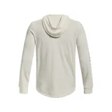 Buzo Under Armour de hombre, color negro, con capucha y cordones ajustables. Presenta el logo de Project Rock en el pecho y la inscripción "Project Rock" en la manga izquierda.