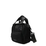 Bolso bandolera pequeño color beige, con doble asa de mano y correa ajustable para el hombro.