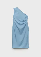 Vestido midi de lyocell color celeste, con diseño entallado, cuello asimétrico de un solo hombro y abertura lateral en el bajo.