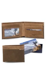 Billetera de cuero marrón con diseño combinado de dos texturas y detalle de costura decorativa en zigzag en la parte superior. Cuenta con compartimentos internos para billetes, tarjetas y visor.