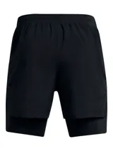 Short deportivo Under Armour Launch 5 2N1 para hombre, color negro con logo blanco. Diseño 2 en 1 con calza interior ajustada y short exterior holgado. Ideal para running y entrenamiento.