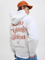 Canguro con capucha de manga larga y fit loose color gris melange, con estampa en la espalda en color marrón.