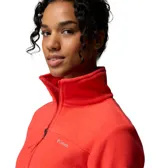 Campera de polar Columbia modelo Fast Trek II, color rojo, con cierre frontal completo, cuello alto, bolsillos laterales con cierre y un bolsillo adicional con cierre en la manga izquierda.