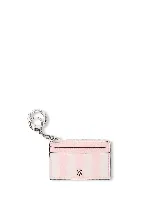 Tarjetero de cuero sintético con diseño a rayas rosadas y blancas, cuatro ranuras exteriores para tarjetas, un bolsillo con cierre y llavero metálico con cadena.