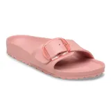 Sandalias Birkenstock modelo Madrid Big Buckle EVA, color rosa, con una sola tira ancha ajustable con una hebilla grande translúcida y plantilla anatómica.