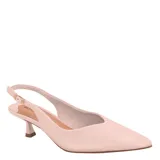 Zapatos de tacón bajo tipo slingback de la marca Bottero, color rosado, con punta fina y tira trasera ajustable con hebilla metálica dorada.