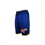Short de básquet de tejido estilo malla color azul con textura efecto piel de serpiente y detalles en amarillo en los bordes y cordones. Estampado con el logo y la palabra 'Warriors' en la pierna izquierda.