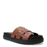 Sandalias de cuero color suela con diseño de tiras anchas entrelazadas y suela de plataforma negra con base dentada.