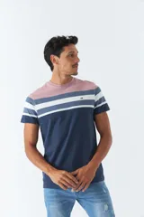 Remera de hombre a rayas horizontales en tonos rosa, blanco y azul marino. Tiene logo bordado en el pecho y corte regular.