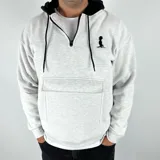 Canguro gris melange con capucha negra, cierre parcial con cremallera, bolsillo tipo canguro con solapa y logo bordado en el pecho.