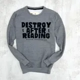 Buzo gris oscuro de algodón con felpa en el interior. Estampa negra en el pecho con la frase "Destroy After Reading" y el logo de Duxon Industries.