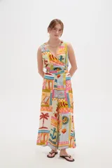 Pantalón holgado de viscosa con estampado colorido de temática veraniega y costera.