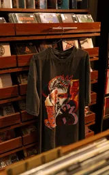 Remera de algodón premium con efecto lavado, de corte oversize y manga corta. Presenta un estampado frontal artístico con un collage de David Bowie en tonos vibrantes.