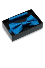 Conjunto de moña y pañuelo de bolsillo azul con lunares blancos. Incluye caja de presentación negra.