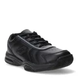 Championes deportivos Lotto de mujer, confeccionados en cuero sintético negro con detalles perforados y logo de la marca grabado en el lateral. Cuentan con cierre de cordones y suela de goma resistente.